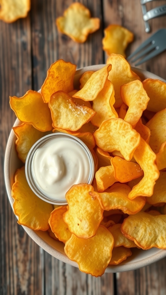 A bowl of crispy homemade potato chips with salt and a dip on a wooden table.